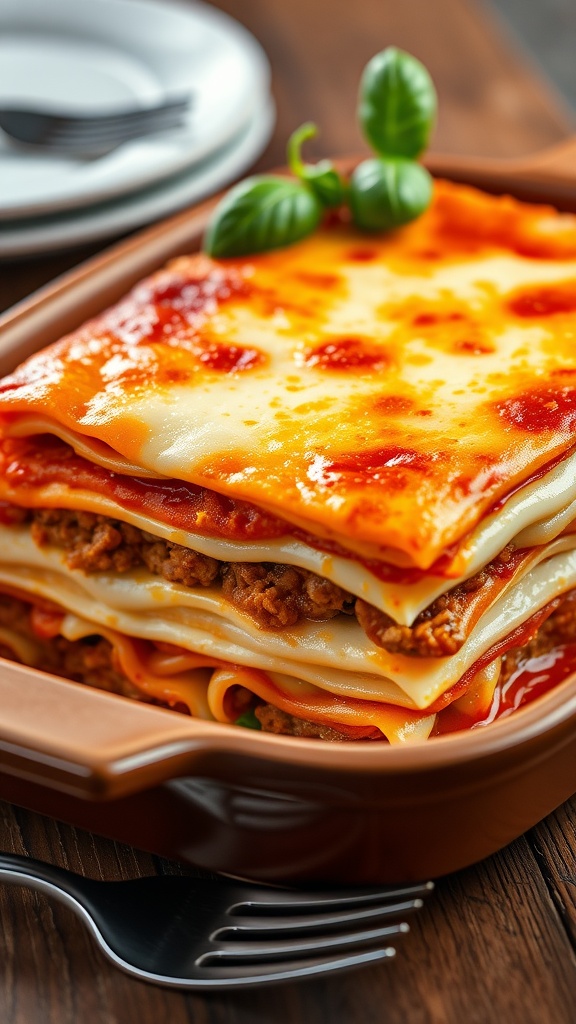 A classic lasagna with bechamel sauce, ground meat, and melted cheese, served in a rustic baking dish.